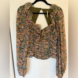 Free People Mabel Floral Blouse - Olive and Lavender